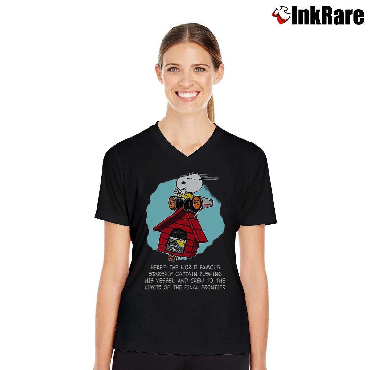 Women’s Here's The World Famous Starship Snoopy And Woodstock V-Neck Tee in black | Chic Neckline, Soft Texture