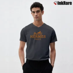Men’s Hermes Paris Logo Black Luxury Brand V-Neck Tee in charcoal | Sharp, Breathable, Everyday Staple