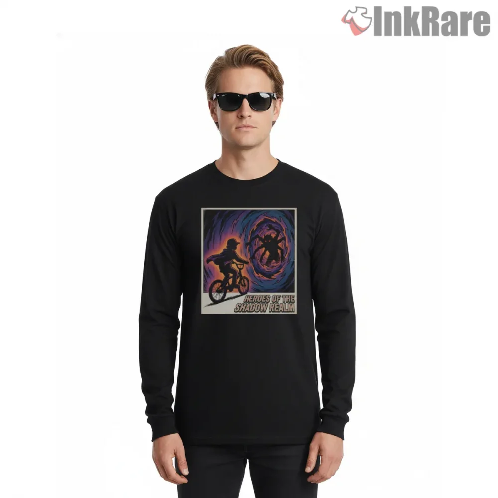 Heroes Of The Shadow Realm Retro Bike Adventure Shirt on black long sleeve shirt for men graphic tee