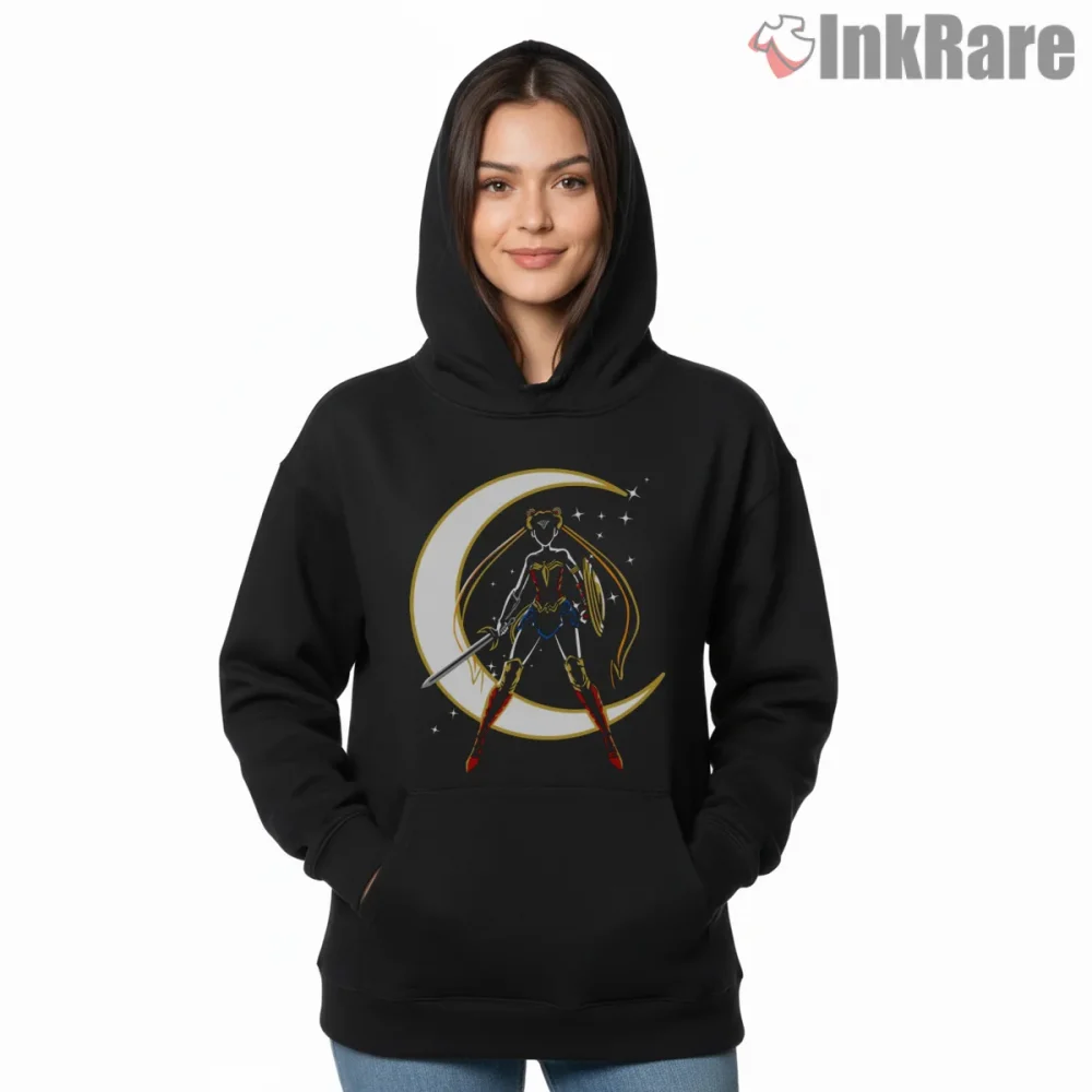 Heroic Moon Warrior Crossover Power Shirt on black hoodie for women graphic tee
