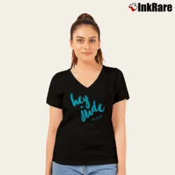 Women’s Hey Jude Music Graphic V-Neck Tee in black | Chic Neckline, Soft Texture