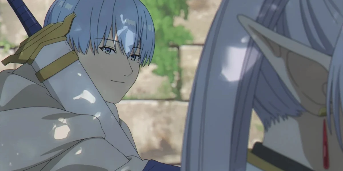 Himmel quietly looking at Frieren during their journey, reflecting an unbalanced sense of time