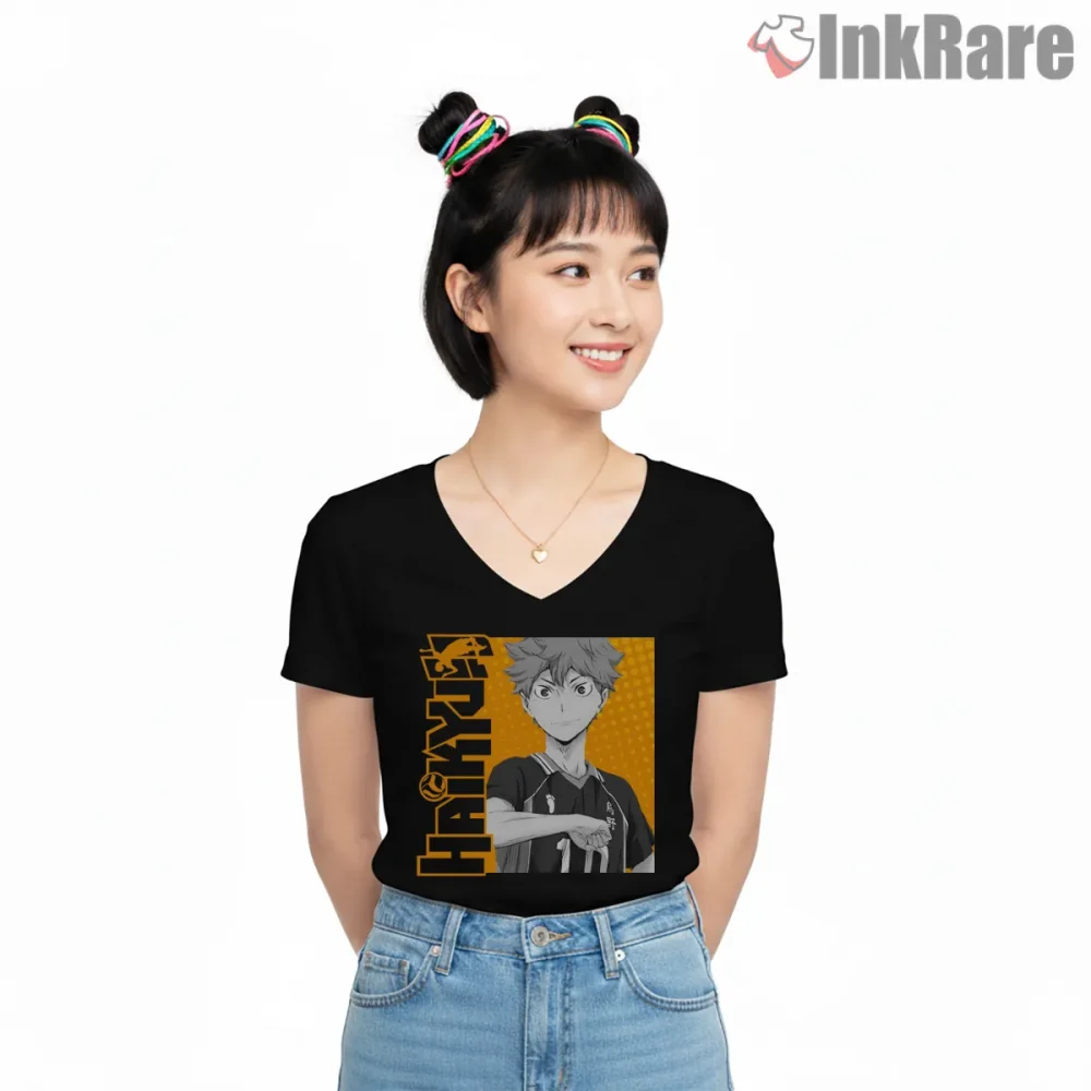 Hinata Shoyo Bold Orange Manga Panel Shirt on black v-neck shirt for women graphic tee