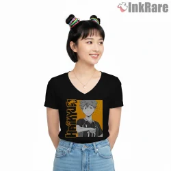 Hinata Shoyo Bold Orange Manga Panel Shirt on black v-neck shirt for women graphic tee
