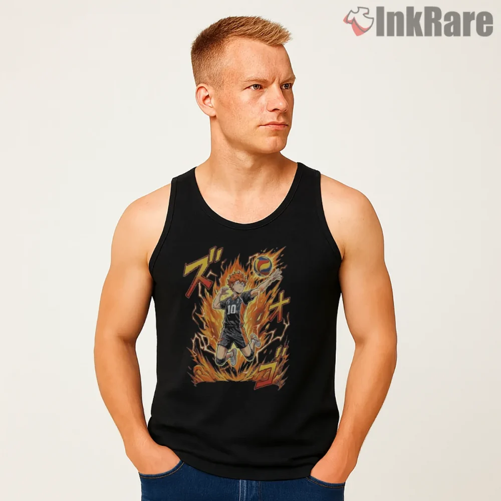 Hinata Shoyo Fiery Spike Explosion Anime Shirt on black tank top for men graphic tee
