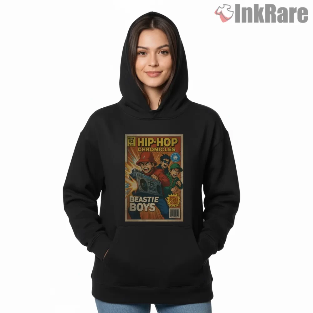 Hip Hop Chronicles Beastie Boys Comic Cover Shirt on black hoodie for women graphic tee