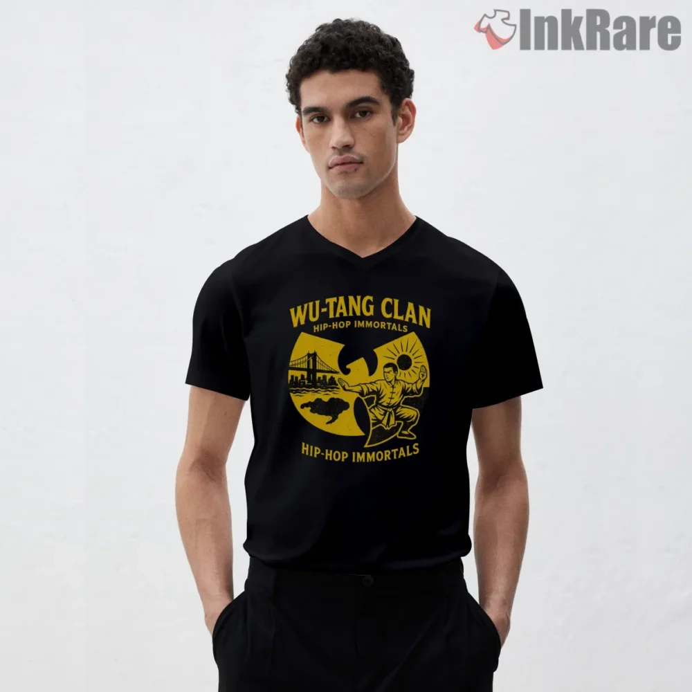 Hip Hop Immortals Wu Tang Clan Badge Shirt on black v-neck shirt for men graphic tee