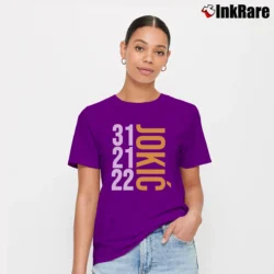 Women’s historic game nikola jokic denver nuggets nba playoff mvp Signature T-Shirt in purple | Soft, Flattering Fit