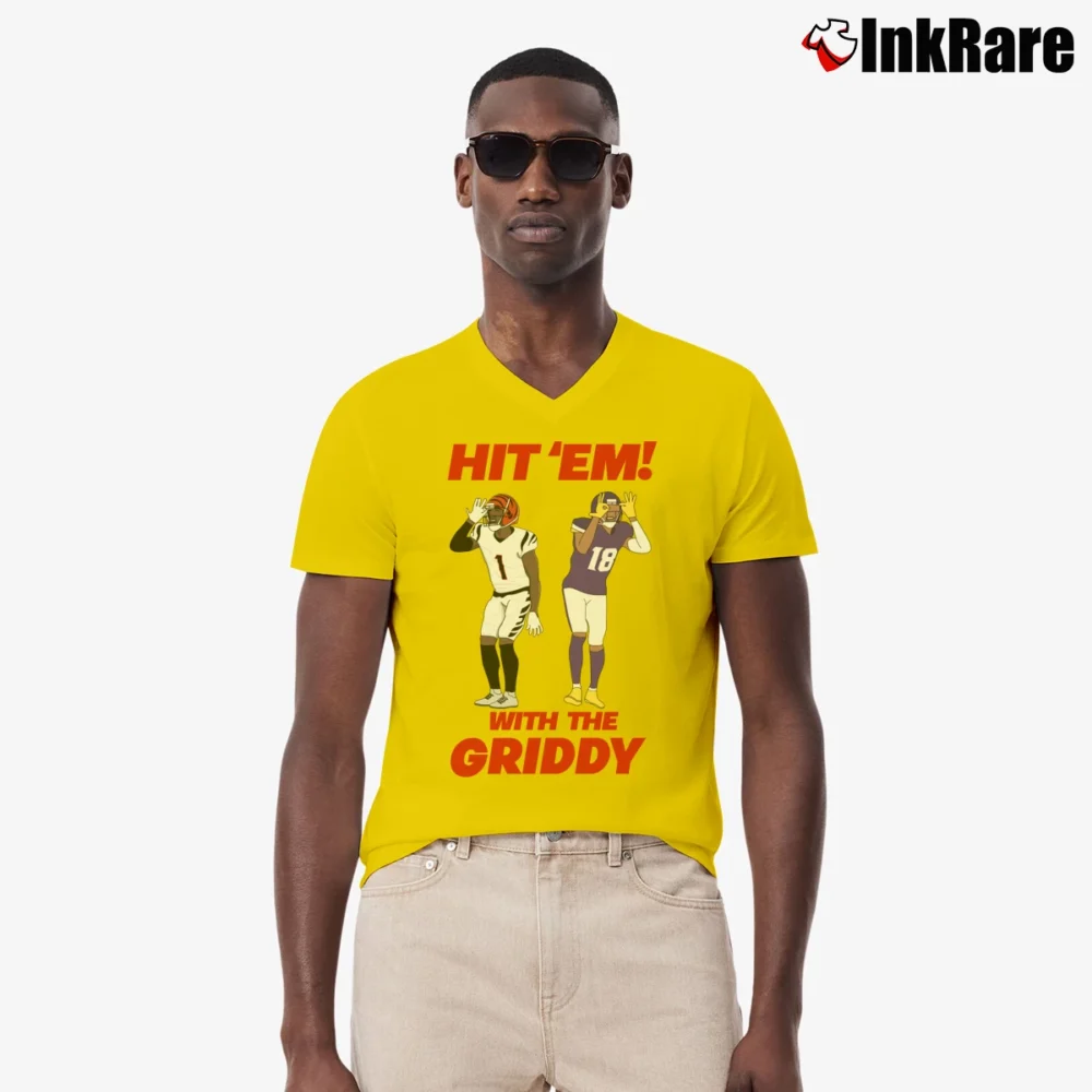 Men’s hit em with the griddy for Football Dance Fans V-Neck Tee in yellow | Sharp, Breathable, Everyday Staple