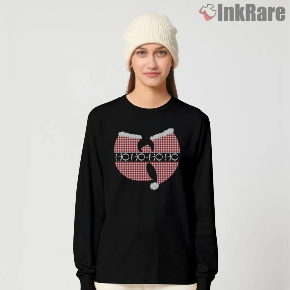 Ho Ho Clan Holiday Plaid Wu Shirt on black long sleeve shirt for women graphic tee