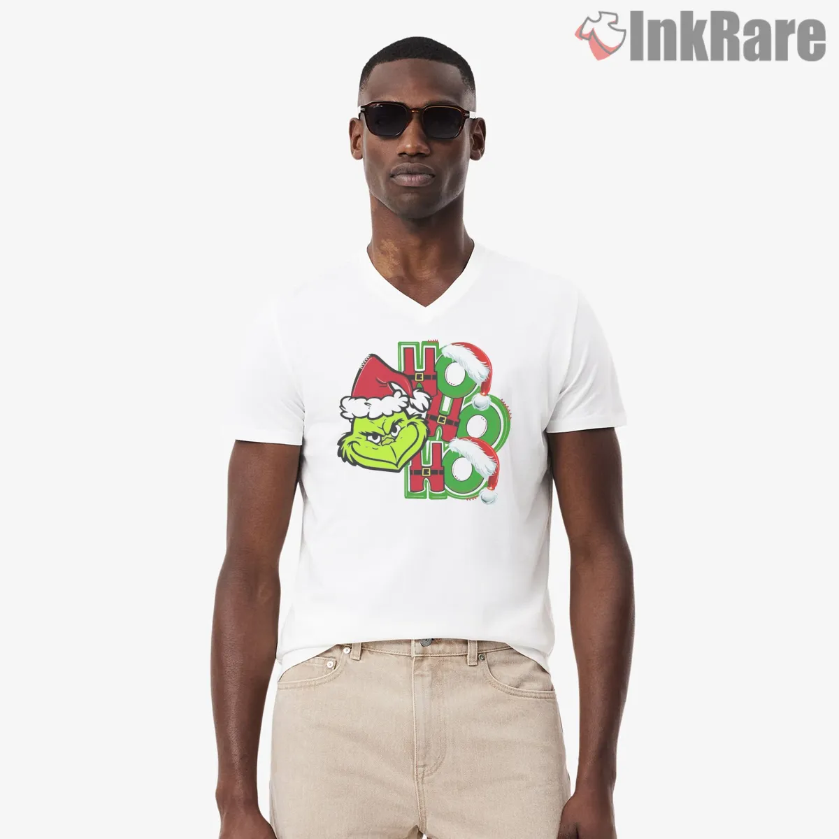 Ho Ho Ho Grinch Christmas Face Shirt on white v-neck shirt for men graphic tee