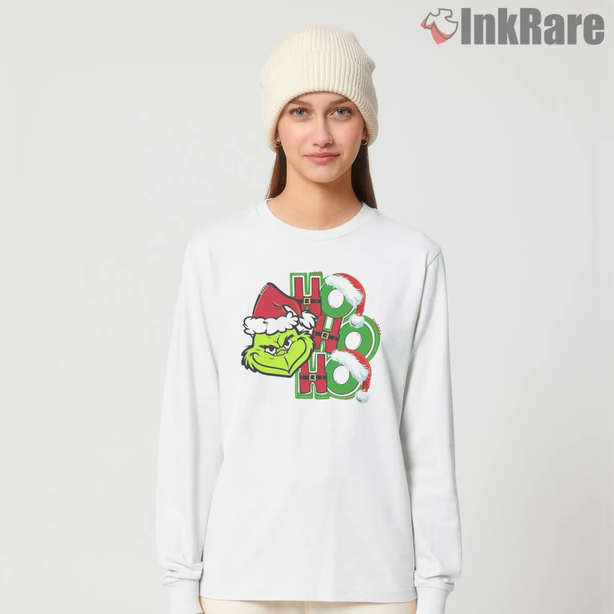 Ho Ho Ho Grinch Christmas Face Long Sleeve White Ho Ho Ho Grinch Christmas Face Shirt on white long sleeve shirt for women graphic tee