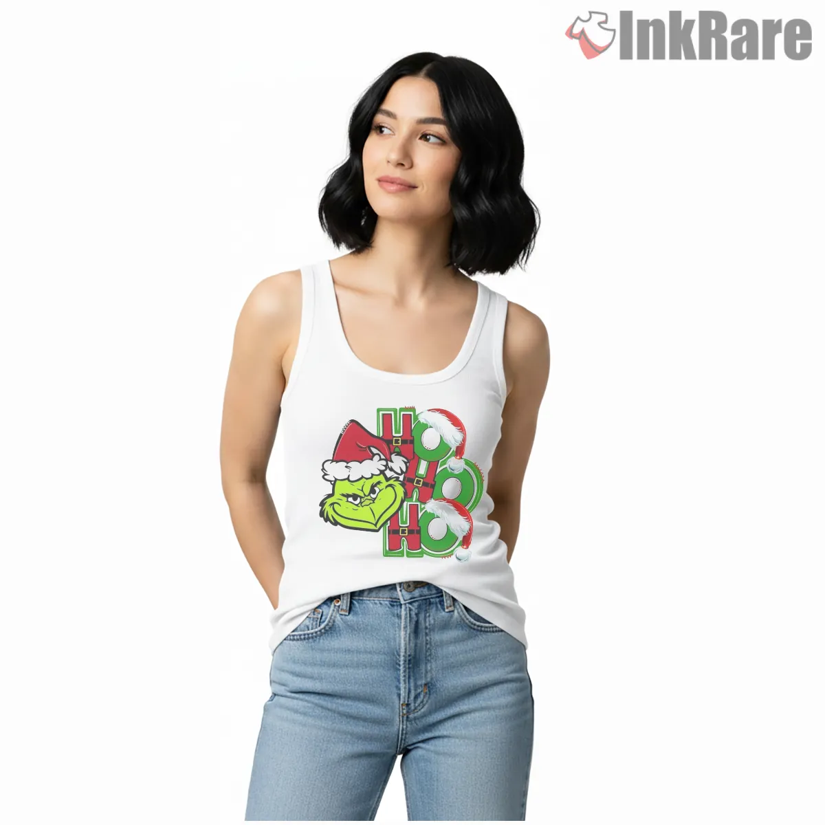 Ho Ho Ho Grinch Christmas Face Tank Top White Ho Ho Ho Grinch Christmas Face Shirt on white tank top for women graphic tee