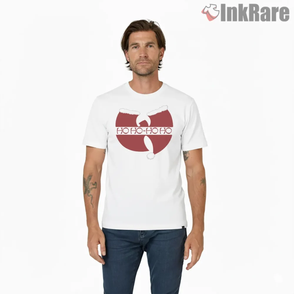 Ho Ho Ho Wu Tang Santa Emblem Shirt on white short sleeve shirt for men graphic tee