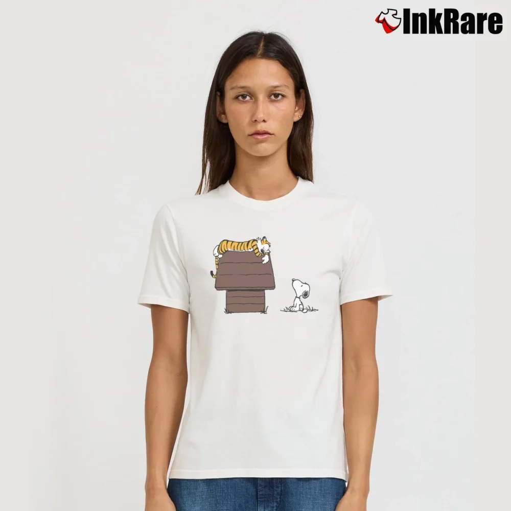 Women’s Hobbes Tiger On Doghouse Snoopy Classic Signature T-Shirt in white | Soft, Flattering Fit