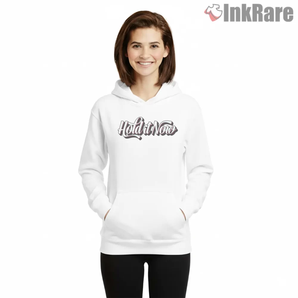 Hold It Now Script Beastie Boys Shirt on white hoodie for women graphic tee