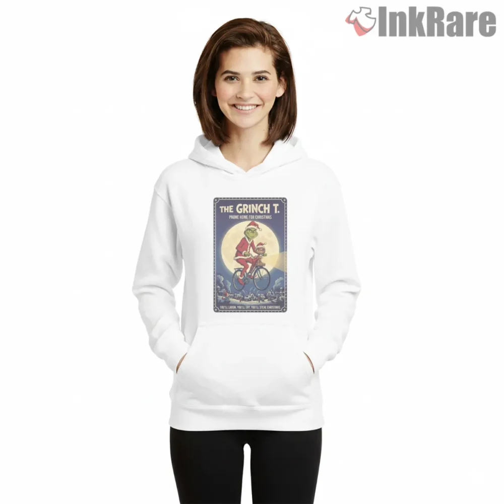 Holiday Villain And Alien Moonlight Bicycle Ride Shirt on white hoodie for women graphic tee