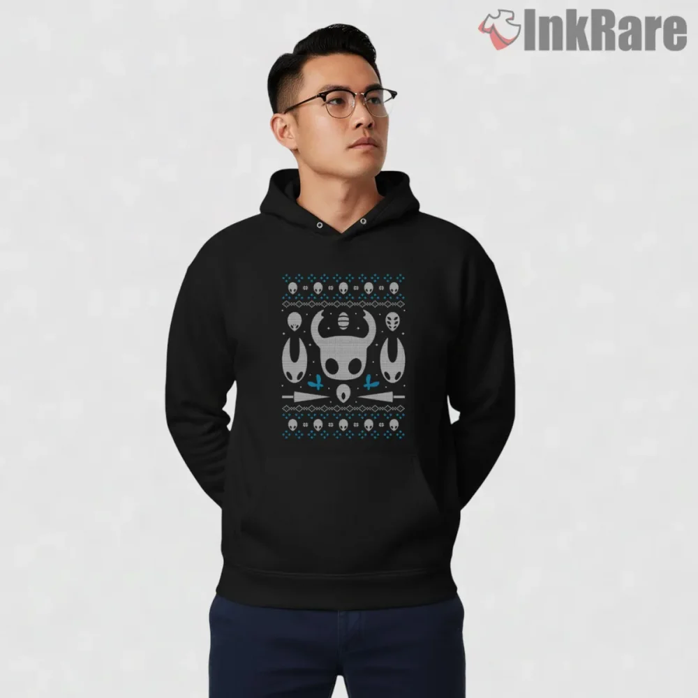 Hollow Knight Abyss Pattern Ugly Christmas Shirt on black hoodie for men graphic tee
