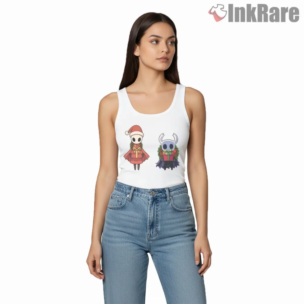 Hollow Knight And Hornet Holly Jolly Christmas Duo Shirt on white tank top for women graphic tee