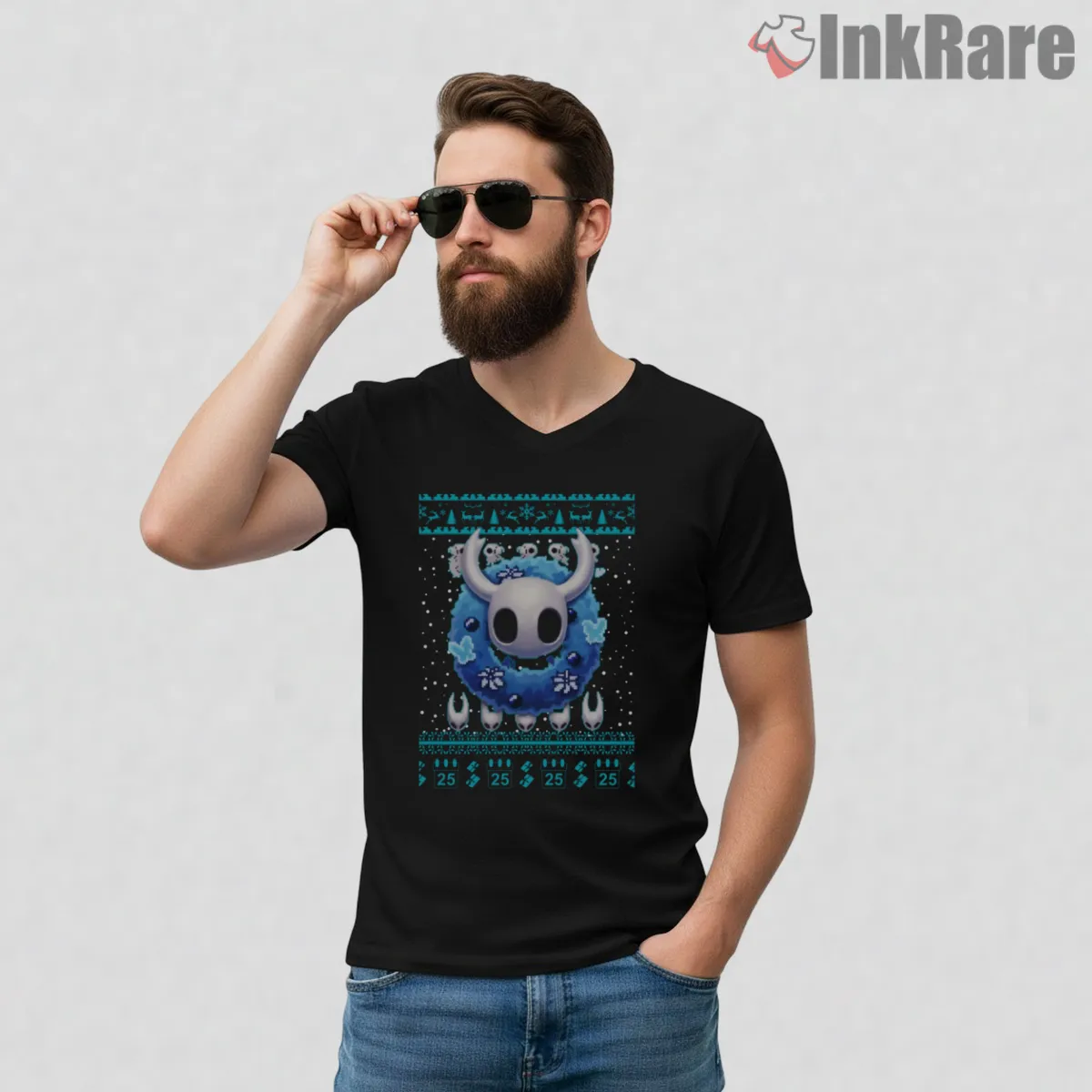 Hollow Knight Blue Winter Grub Pattern V Neck Black Hollow Knight Blue Winter Grub Pattern Shirt on black v-neck shirt for men graphic tee