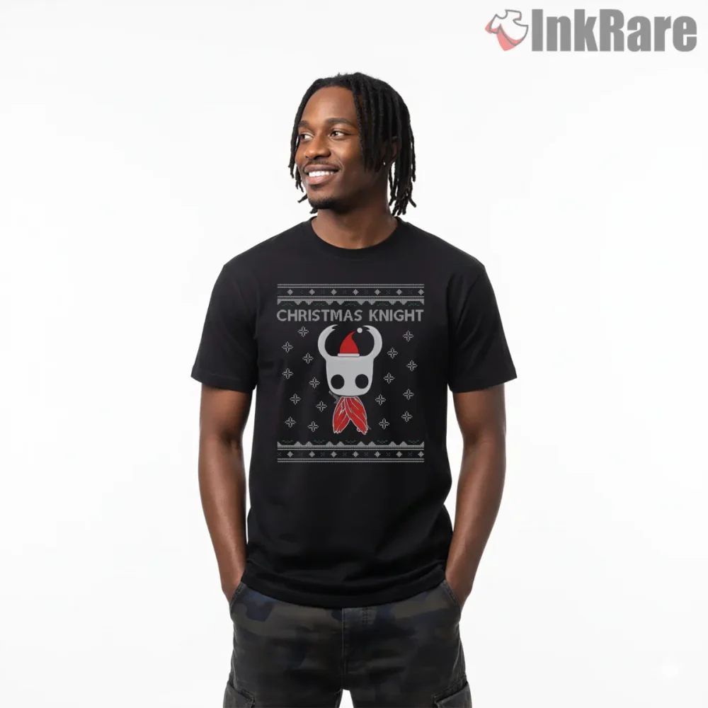 Hollow Knight Christmas Knit Pattern Cozy Shirt on black short sleeve shirt for men graphic tee