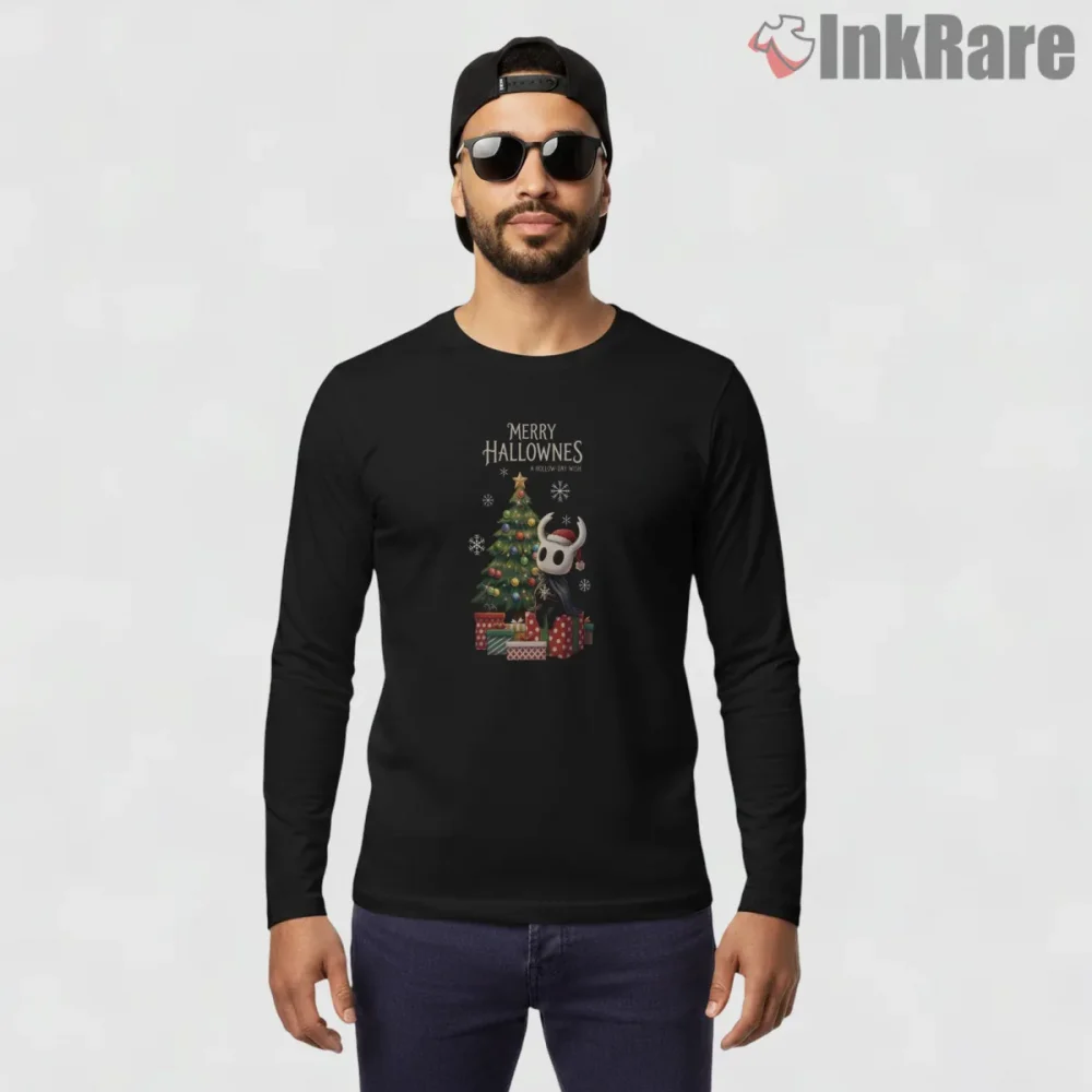 Hollow Knight Christmas Tree Cozy Holiday Shirt on black long sleeve shirt for men graphic tee
