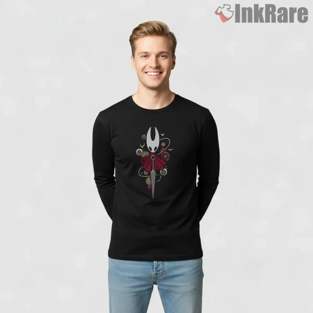 Hollow Knight Cute Character Needle Charm Shirt on black long sleeve shirt for men graphic tee