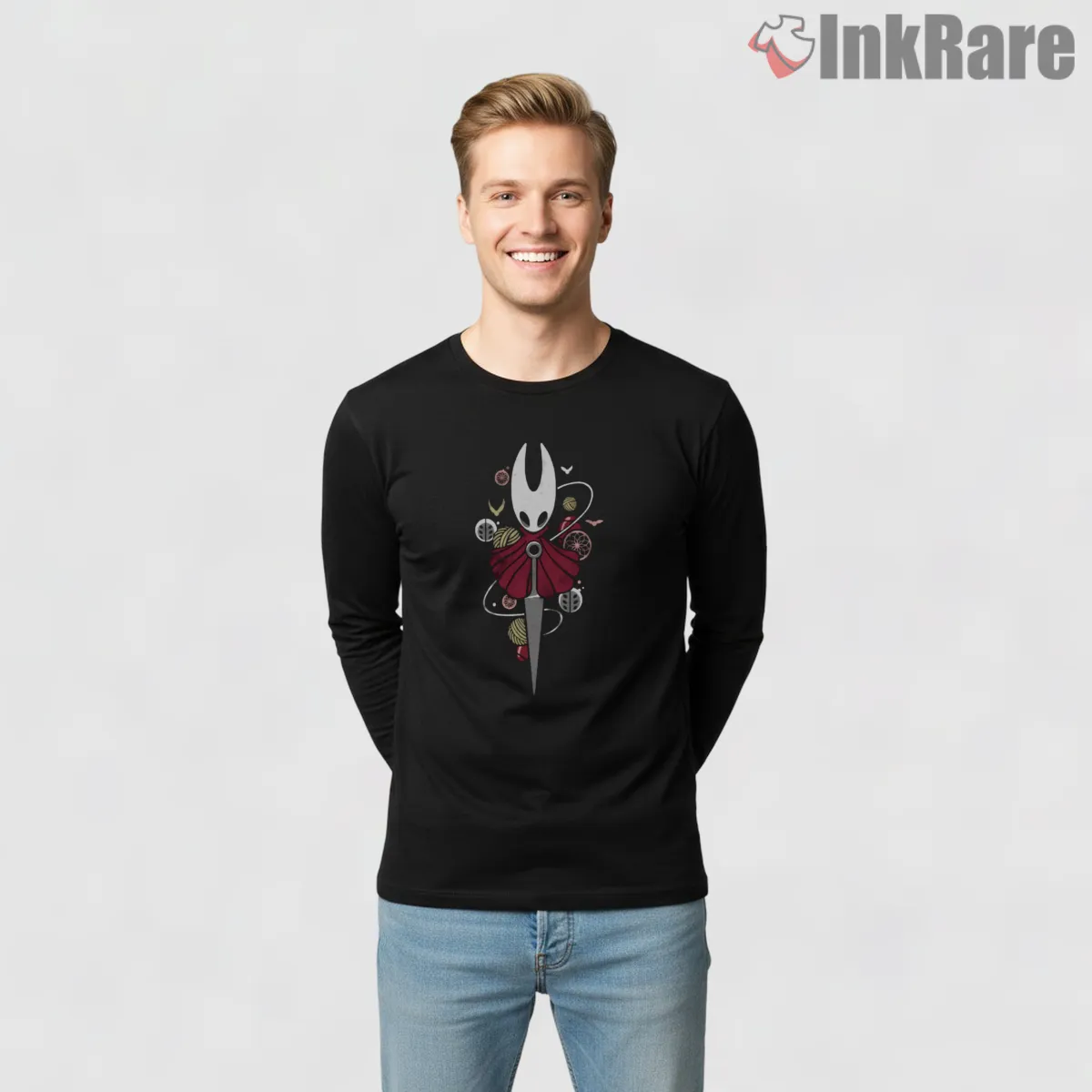 Hollow Knight Cute Character Needle Charm Long Sleeve Black Hollow Knight Cute Character Needle Charm Shirt on black long sleeve shirt for men graphic tee