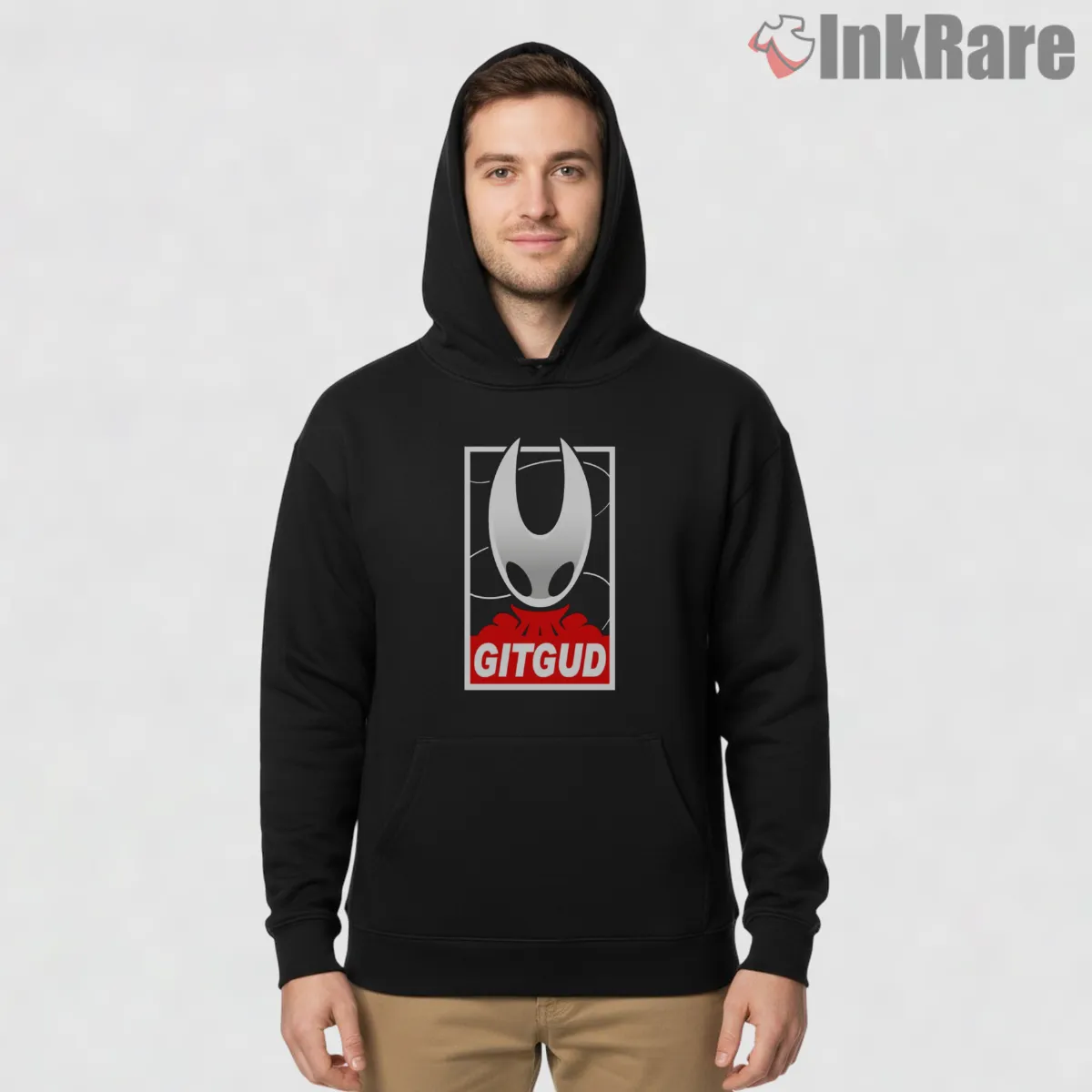 Hollow Knight Git Gud Minimal Gamer Meme Shirt on black hoodie for men graphic tee