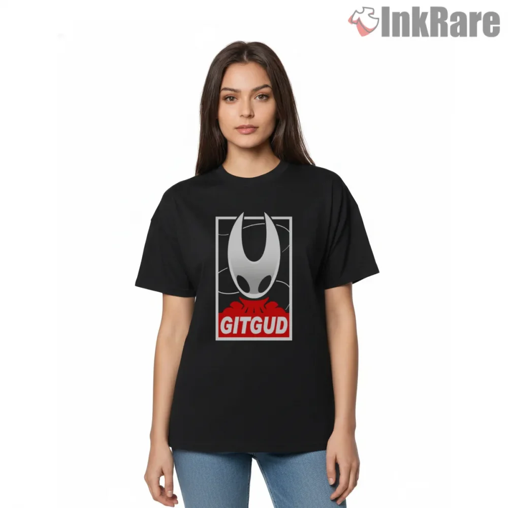 Hollow Knight Git Gud Minimal Gamer Meme Shirt on black short sleeve shirt for women graphic tee