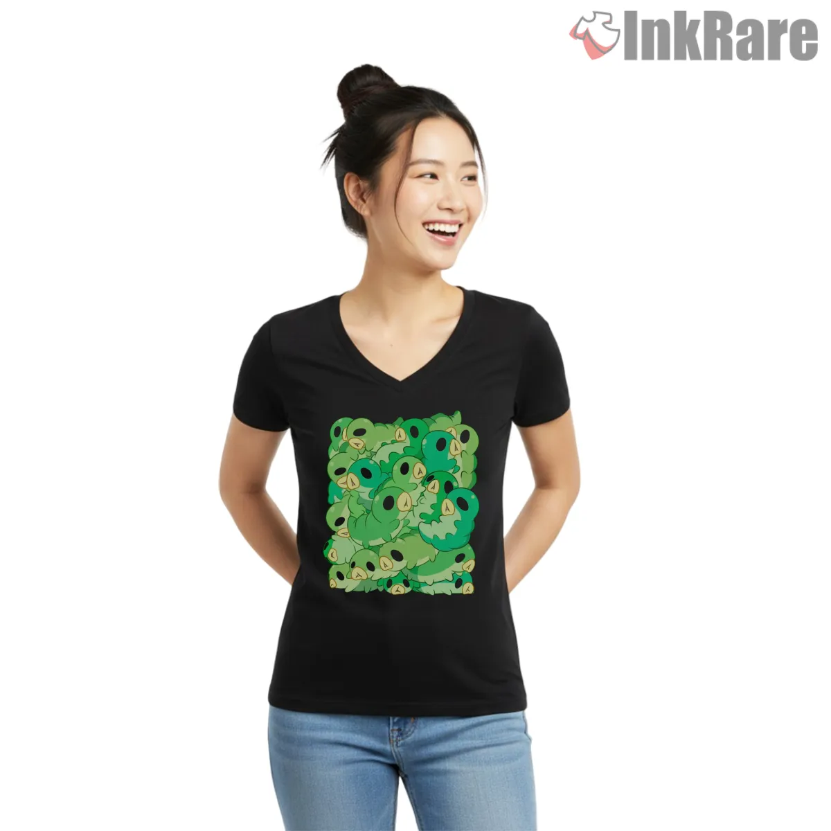 Hollow Knight Green Grub Swarm Cute Cluster V Neck Black Hollow Knight Green Grub Swarm Cute Cluster Shirt on black v-neck shirt for women graphic tee