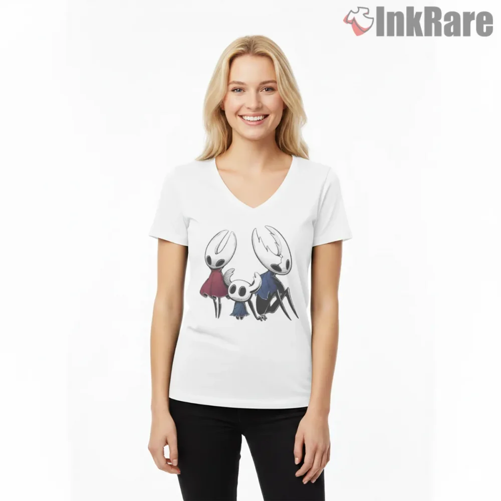 Hollow Knight Hornet And Knight Trio Character Shirt on white v-neck shirt for women graphic tee