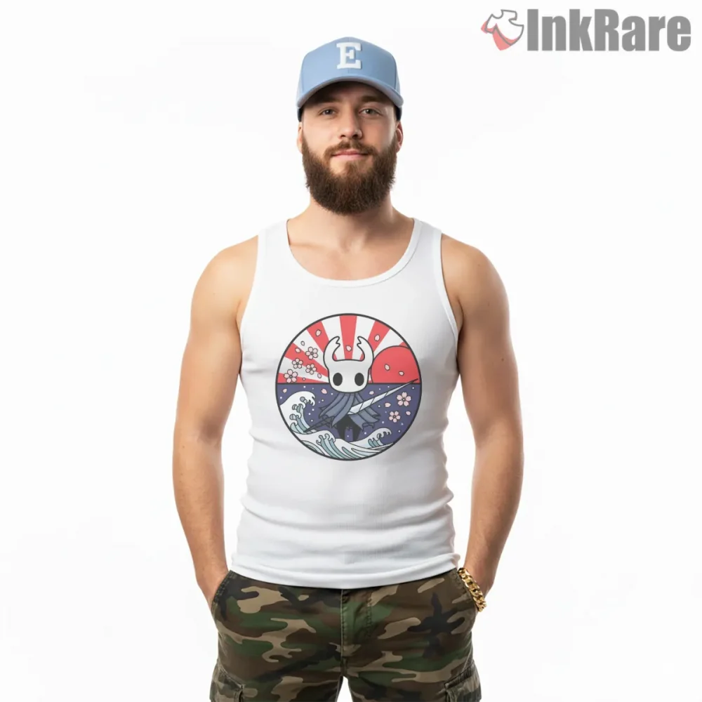 Hollow Knight Japanese Crest Rising Sun Wave Shirt on white tank top for men graphic tee