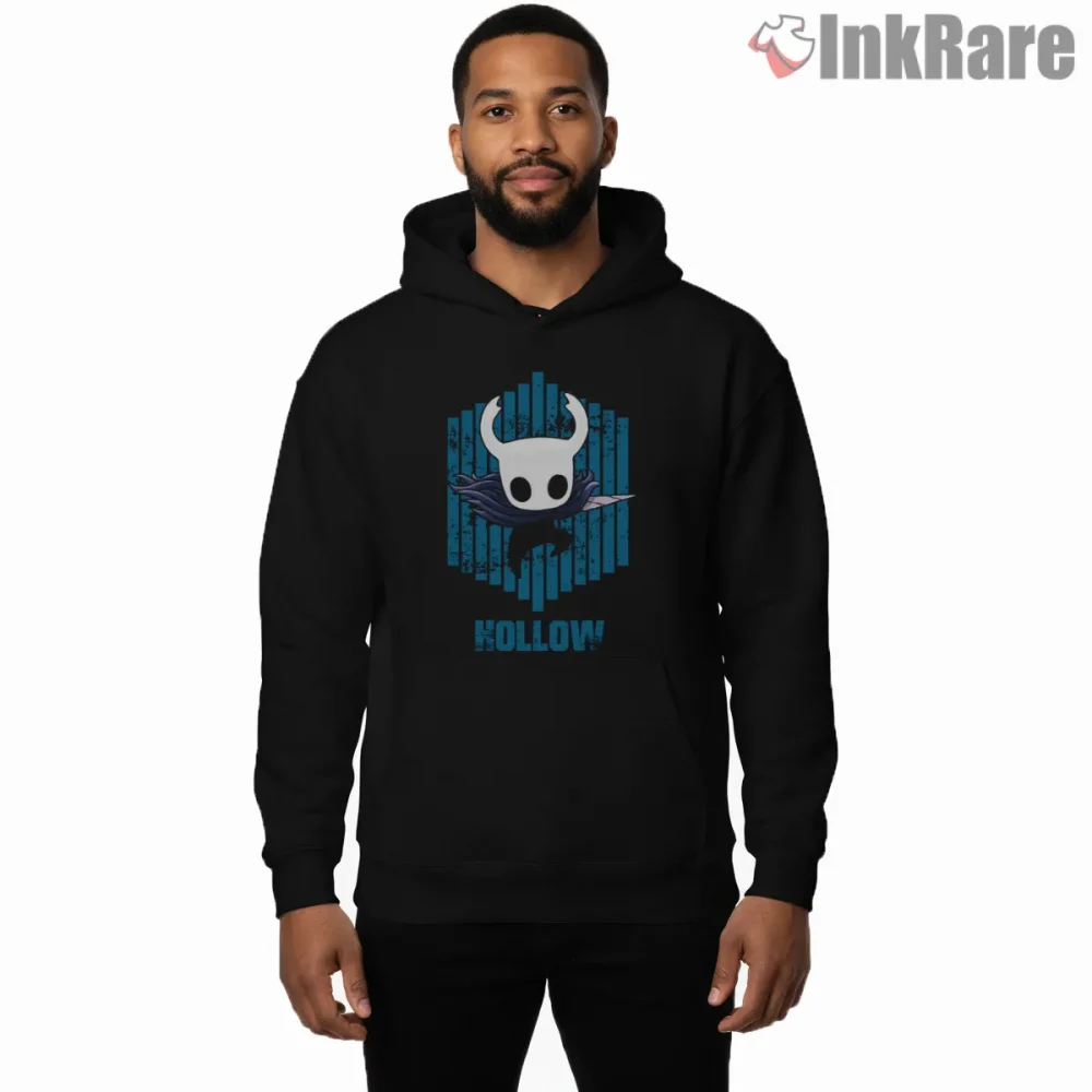 Hollow Knight Minimal Neon Blue Emblem Shirt on black hoodie for men graphic tee