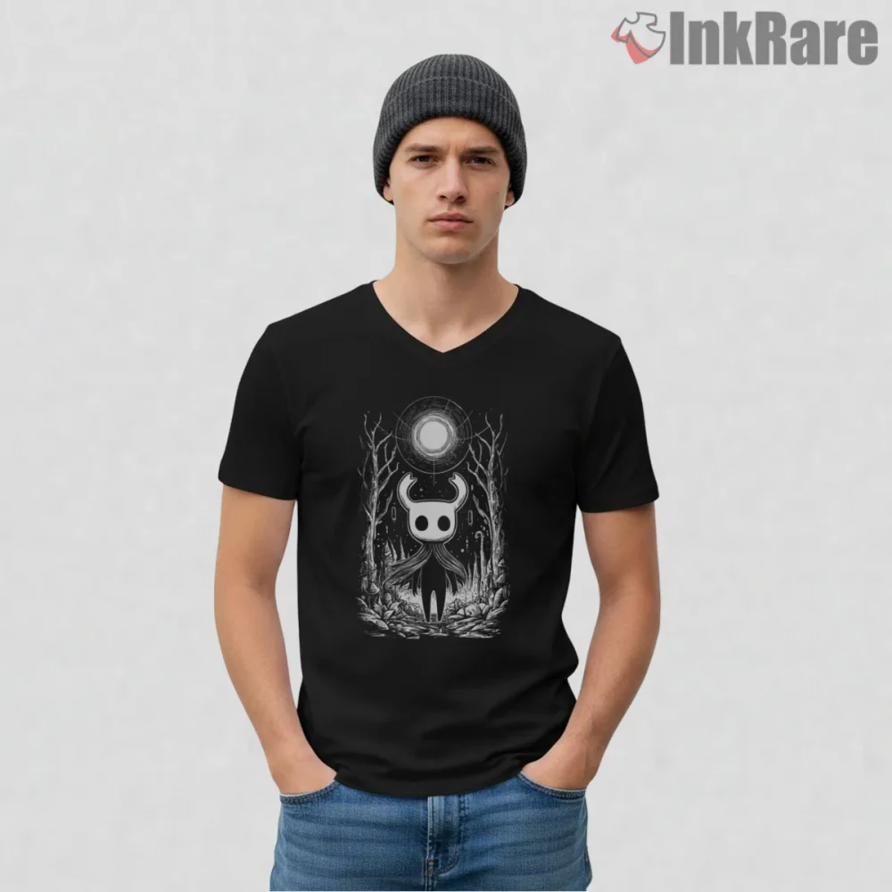 Hollow Knight Moonlit Forest Spirit Minimal Shirt on black v-neck shirt for men graphic tee