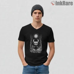 Hollow Knight Moonlit Forest Spirit Minimal Shirt on black v-neck shirt for men graphic tee