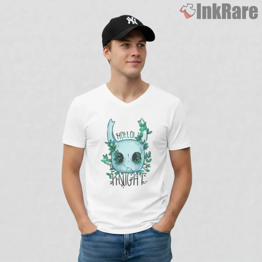 Hollow Knight Nature Bloom Minimal Leaf Crown Shirt on white v-neck shirt for men graphic tee