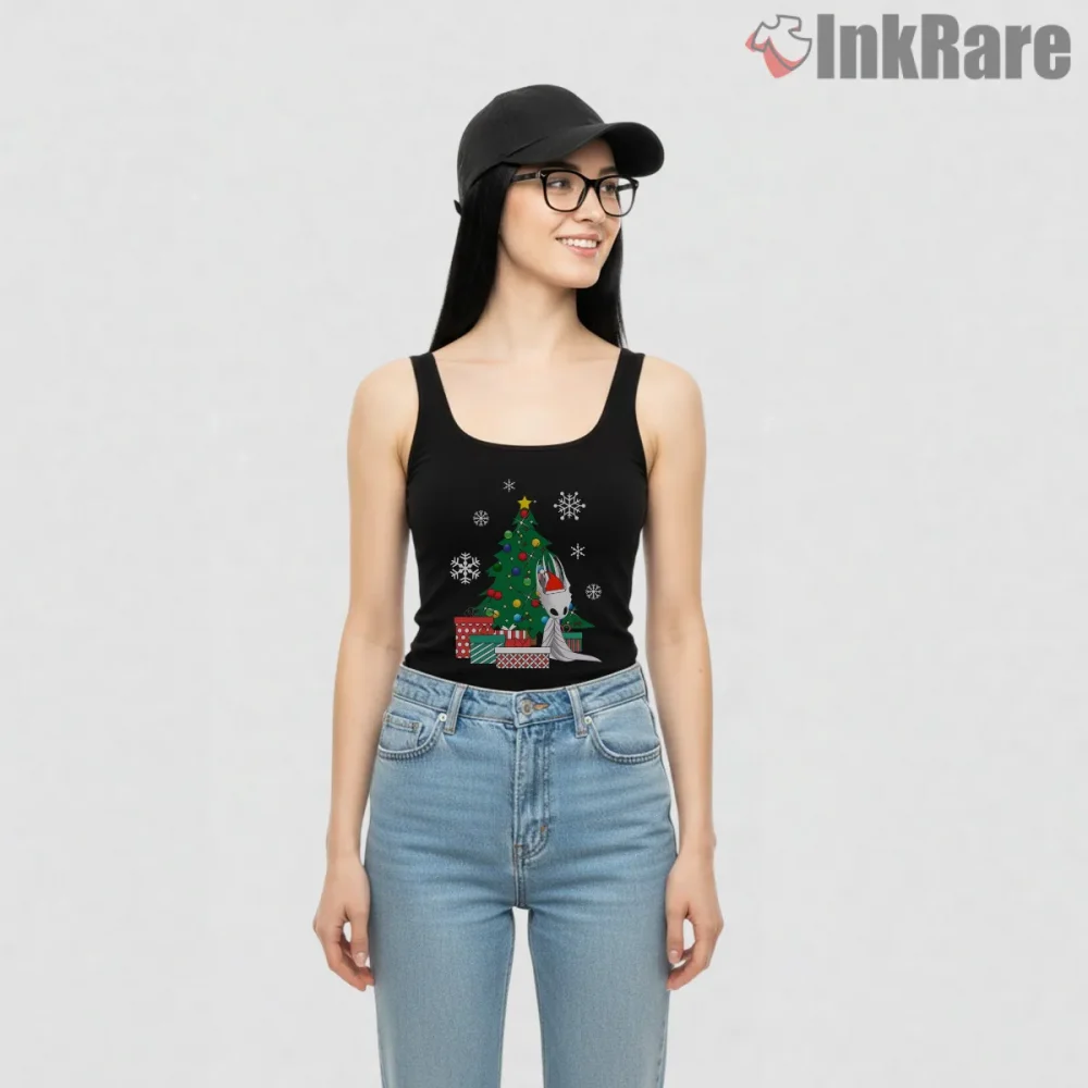 Hollow Knight Pale King Christmas Tree Scene Shirt on black tank top for women graphic tee