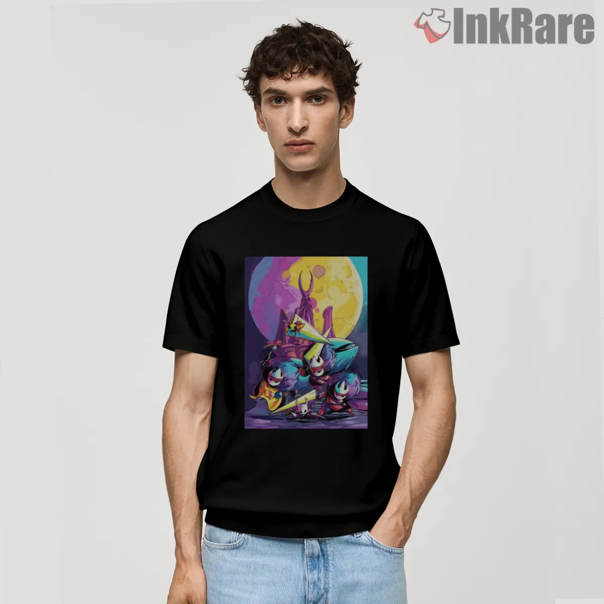 Hollow Knight Party Squad Colorful Adventure Shirt on black short sleeve shirt for men graphic tee