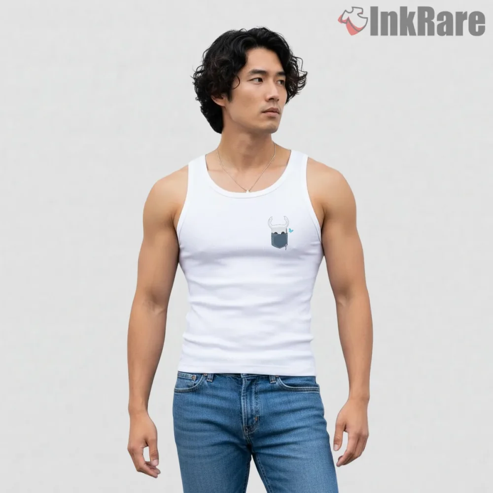 Hollow Knight Pocket Newbie Cute Minimal Shirt on white tank top for men graphic tee