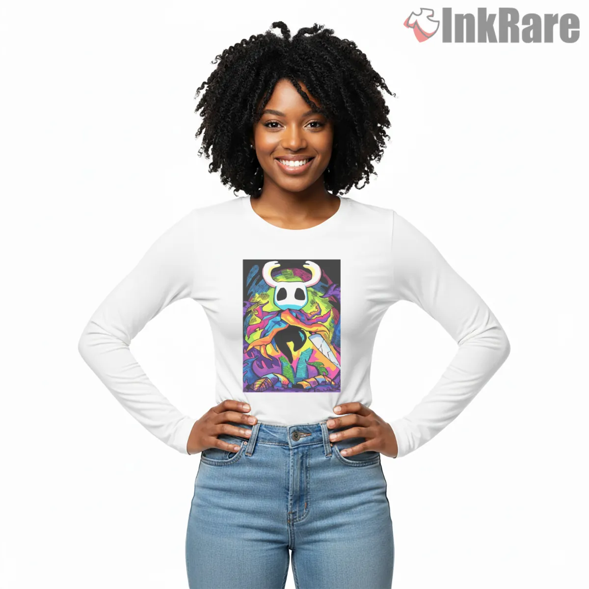 Hollow Knight Psychedelic Neon Chaos Art Shirt on white long sleeve shirt for women graphic tee