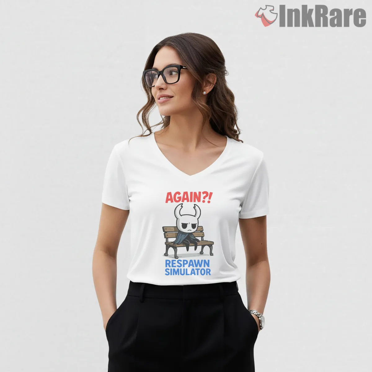 Hollow Knight Respawn Simulator Again Meme V Neck White Hollow Knight Respawn Simulator Again Meme Shirt on white v-neck shirt for women graphic tee