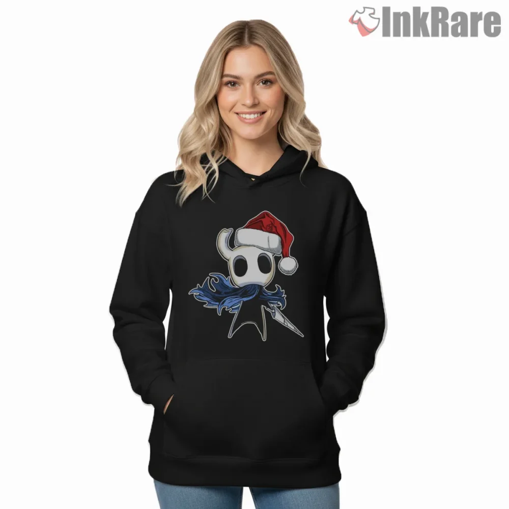 Hollow Knight Santa Hat Winter Hero Shirt on black hoodie for women graphic tee