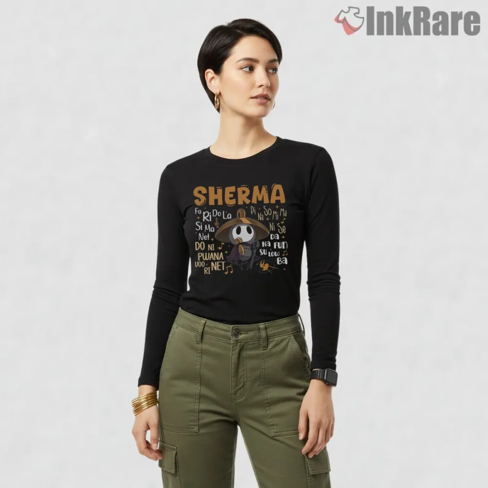 Hollow Knight Sherma Song Musical Meme Cartoon Shirt on black long sleeve shirt for women graphic tee