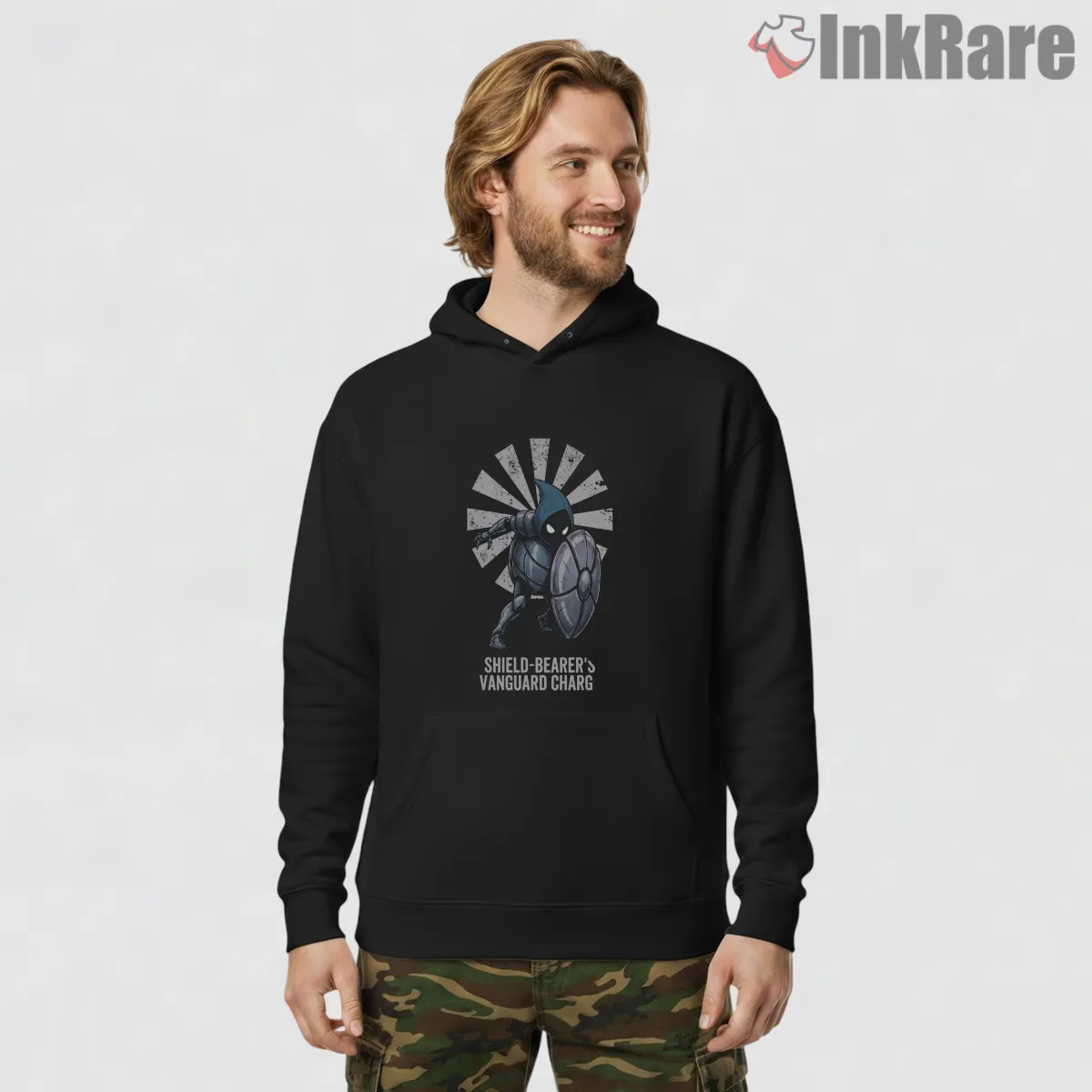 Hollow Knight Shield Bearer Vanguard Warrior Shirt on black hoodie for men graphic tee