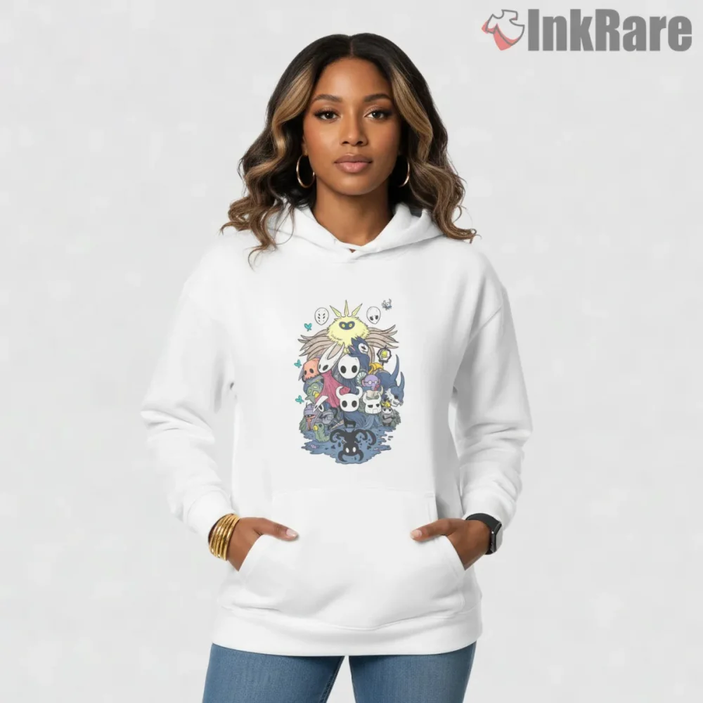 Hollow Knight Silksong Character Collage Adventure Shirt on white hoodie for women graphic tee