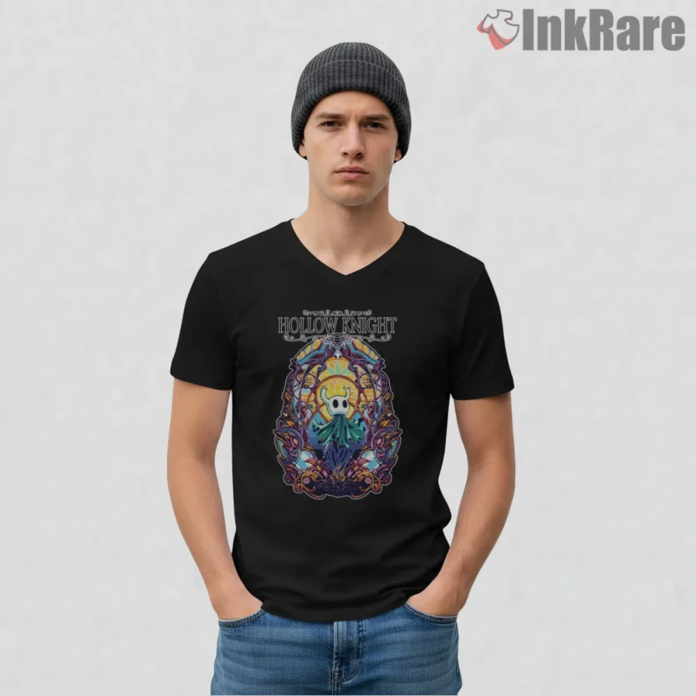 Hollow Knight Stained Glass Cathedral Fantasy Shirt on black v-neck shirt for men graphic tee