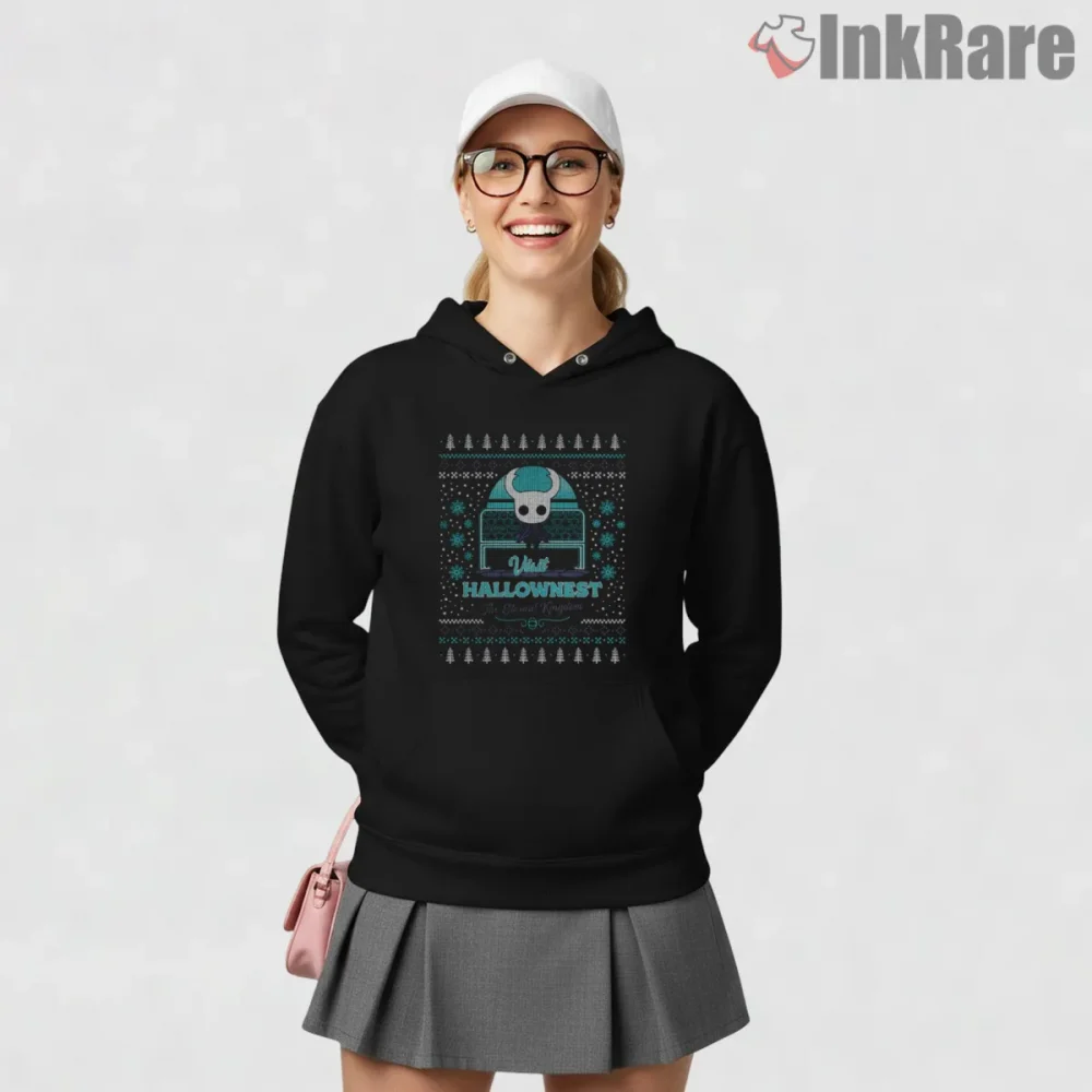 Hollow Knight Visit Hallownest Vintage Travel Poster Shirt on black hoodie for women graphic tee