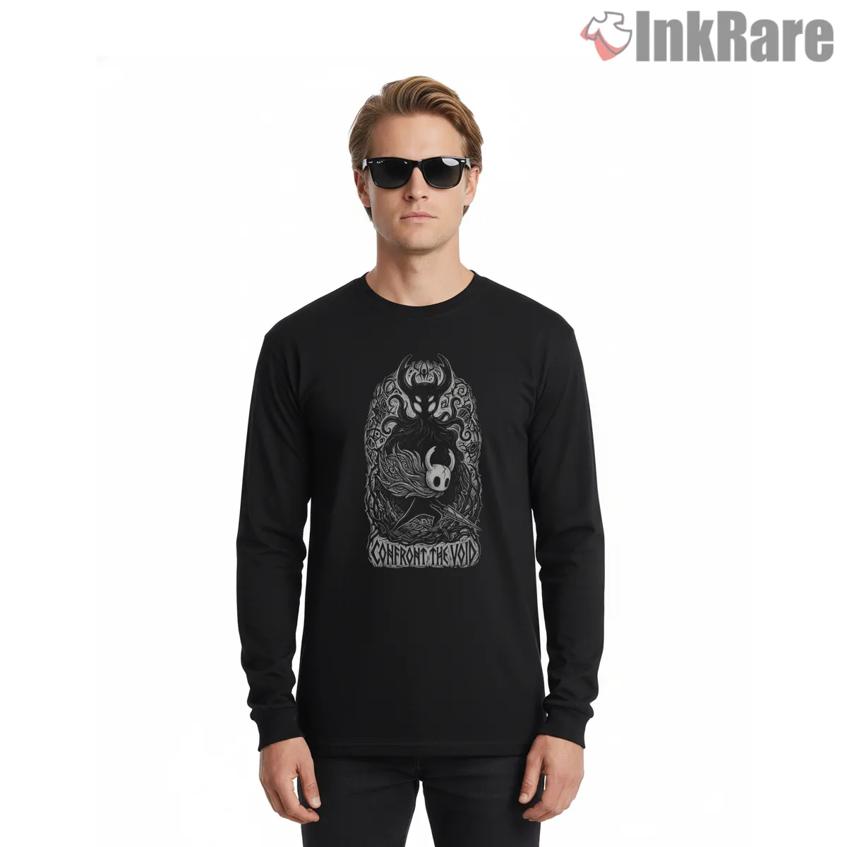 Hollow Knight Void Knight Engraved Gothic Art Shirt on black long sleeve shirt for men graphic tee