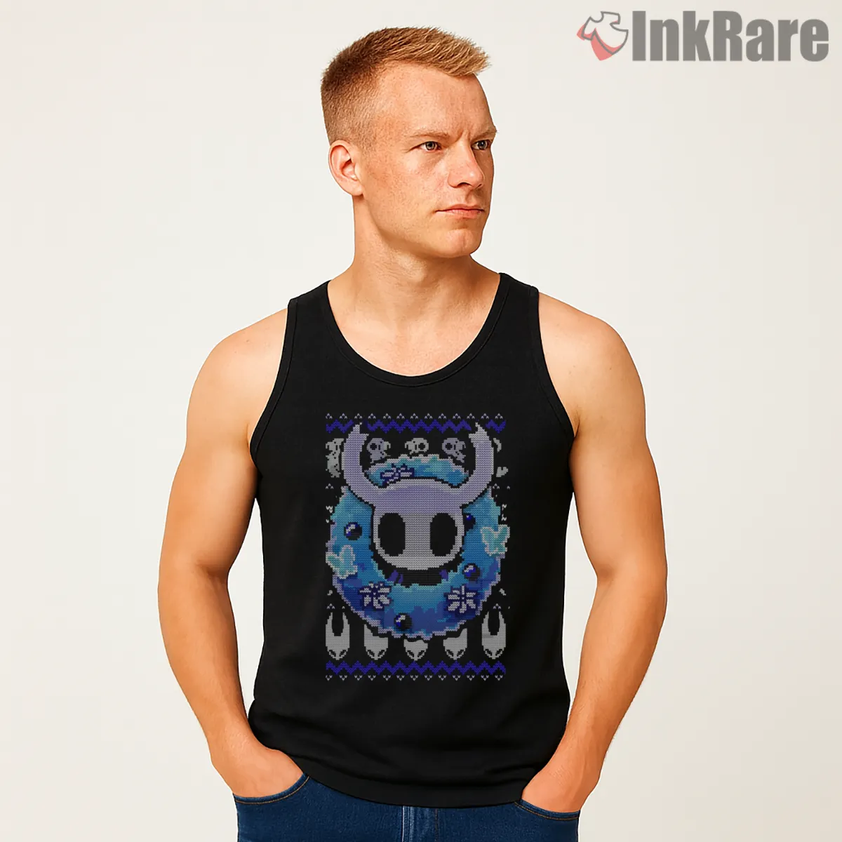 Hollow Knight Winter Pattern Cozy Gaming Shirt on black tank top for men graphic tee